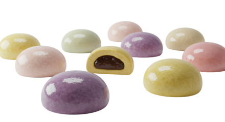 Colorful Mochi Daifuku Japanese Confectionery 3D Render with Pastel Shades on Transparent Background Traditional Wagashi Sweet Asian Cuisine and Isolated Design Element