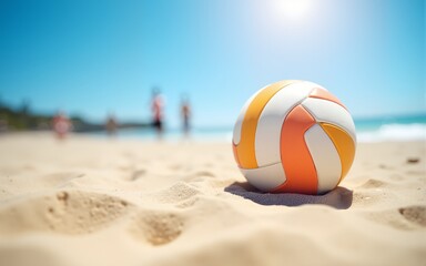 Focused ball on the beach sand, beach volleyball game under sunlight and blue sky blurred background. High quality