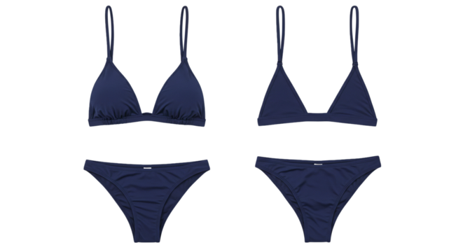 Shop women's swimwear: navy blue triangle bikini set, summer vacation, beachwear, trendy fashion style on transparent background