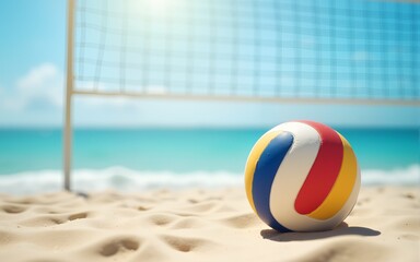 Beach outdoor volleyball game moment with copy space. Suitable for header or banner. High quality