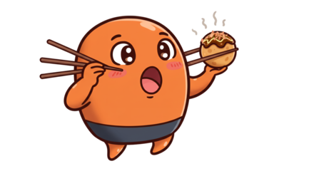 Delightful Cartoon Takoyaki Character Holding Steaming Octopus Ball In a 2D Illustration on Transparent Background