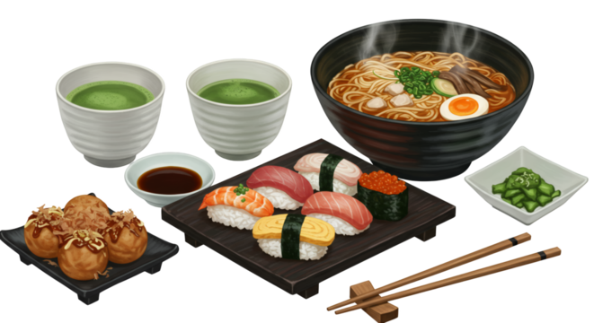 Delightful 2D Illustration of Japanese Food Set Featuring Ramen Sushi Takoyaki and Matcha Tea in Transparent Background
