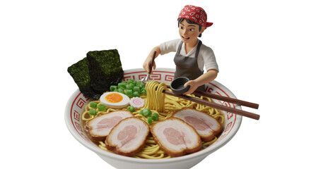 Detailed 3D Render of Ramen Bowl with Chef Figurine Featuring Classic Toppings Such As Nori Seaweed Peas Halved Egg and Slices of Pork on Transparent Background