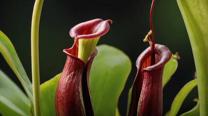 Twin Crimson Nepenthes Pitchers in Macro with Glossy Peristome and Verdant Foliage Contrast

