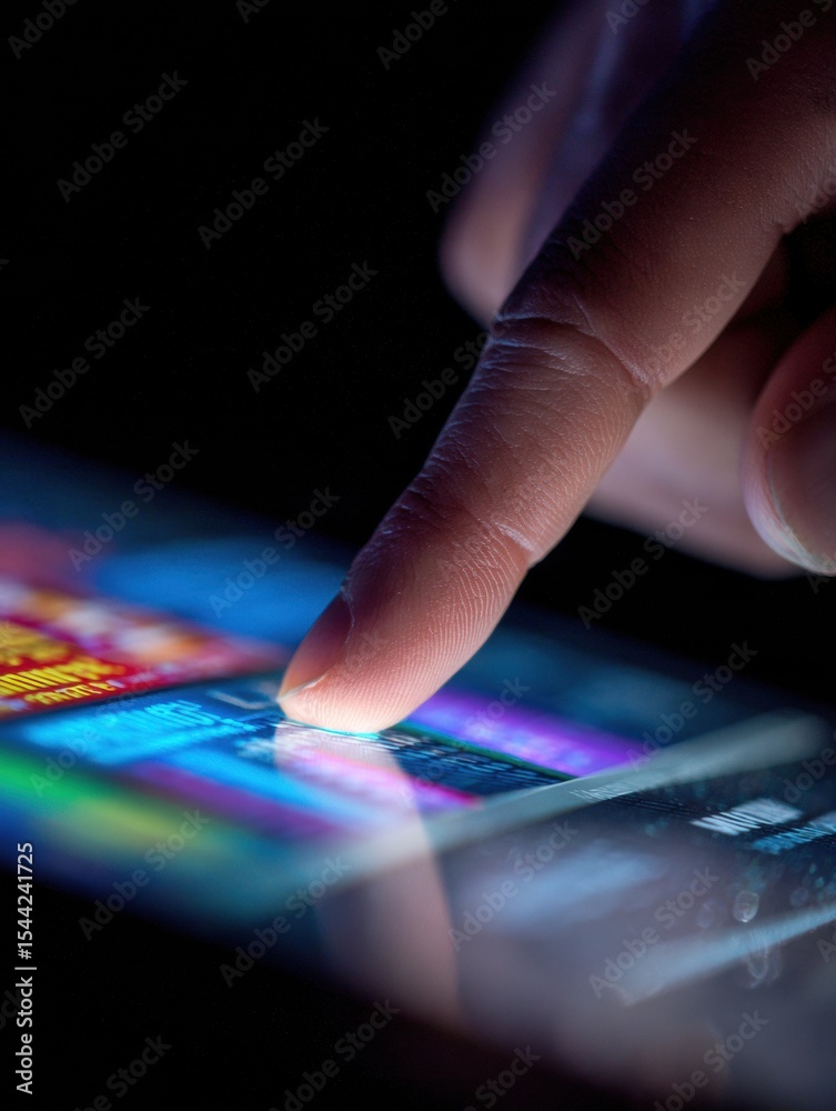 Poster digital scratch card glows under finger swipe revealing vibrant graphics and interactive experience 