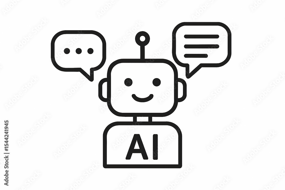 Fototapete a simple line art illustration of a robot with speech bubbles on a white background in vector style