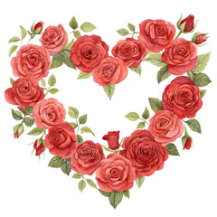 Fototapeta premium Watercolor Red Rose Heart Wreath for Valentine s Day on Transparent Background