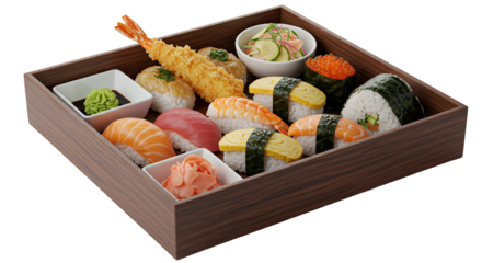 Exquisite 3D Render of a Bento Box with Sushi Assortment Featuring Salmon Tuna Nigiri Shrimp Tempura Seaweed Rice Balls Wasabi Ginger and Salad on a Transparent Background