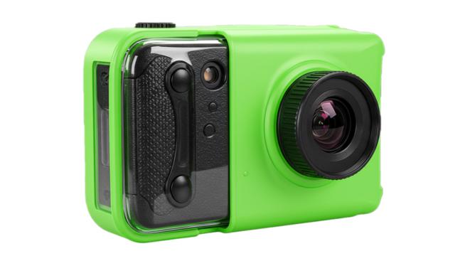 Lime green action camera waterproof digital video recorder for outdoor sports photography and videography on transparent background