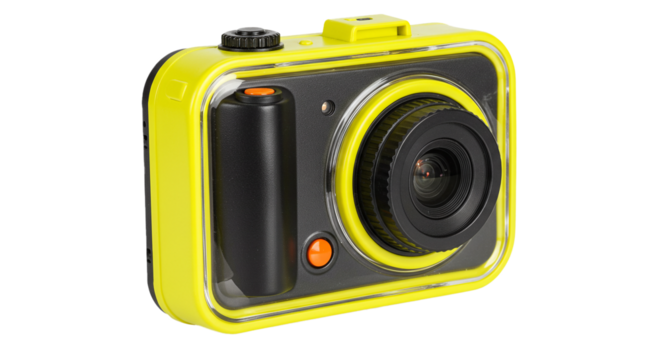 Action camera waterproof yellow housing photography adventure sports video recording device for extreme conditions on transparent background