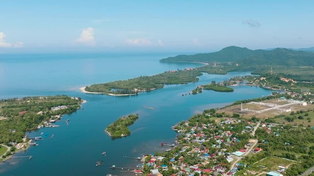 Coastal town Tuaran in a bay near the sea. Borneo, Malaysia.