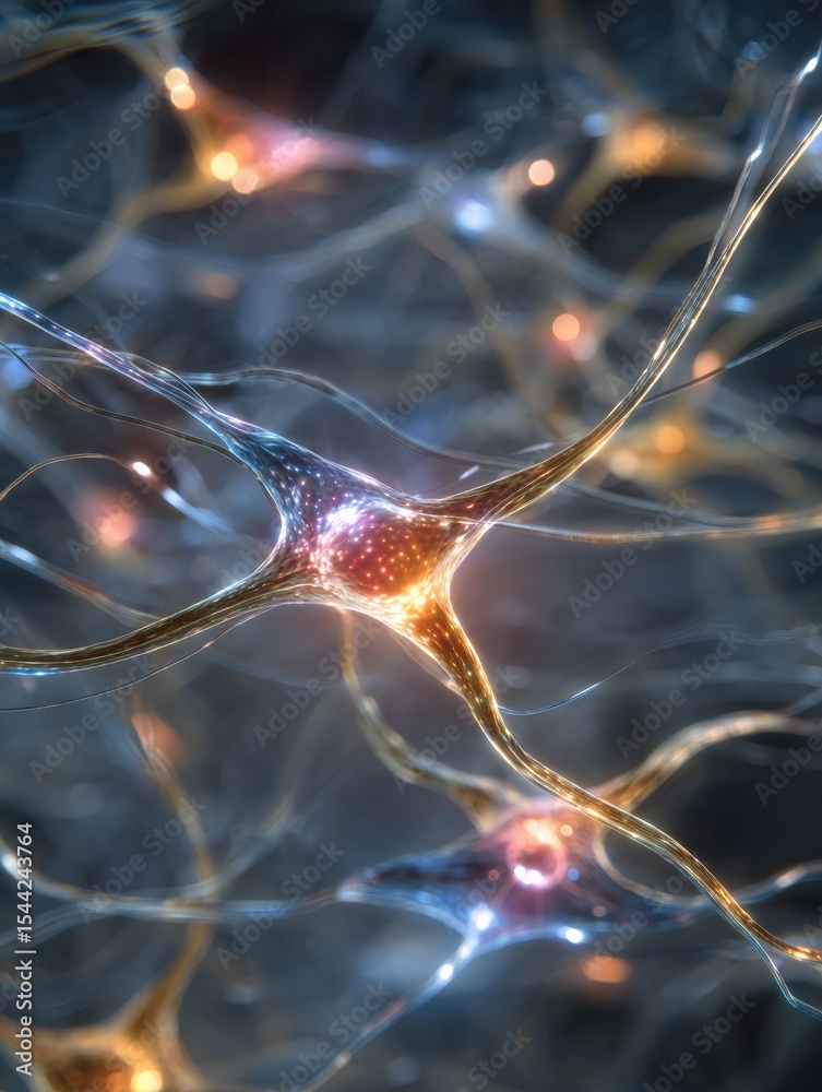 Poster Close-up Abstract Representation of Synaptic Connections Showing Light Pulses in Neural Space