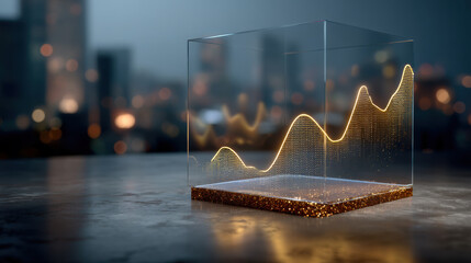 Golden line chart transparent cube glowing graph data visualization futuristic design digital analytics modern technology