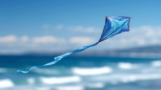 Colorful kite soaring in clear blue sky with fluttering tail