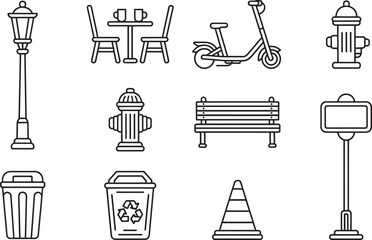 Extensive Outline Icons of Public Street Furniture and City Amenities