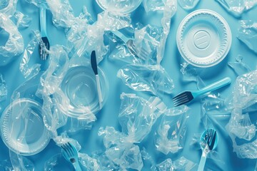 Earth Pollution Plastic Littering Ecology Problem Disposable Tableware Over Blue