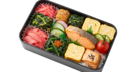 Overhead Flat Lay Bento Box with Salmon Tamagoyaki Ohitashi and Vibrant Ingredients on Transparent Background