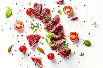 Collection of Falling Steak Salad Ingredients for Food Packaging Concept