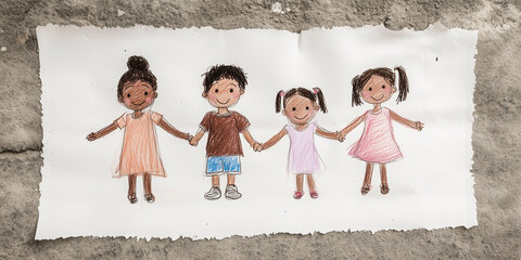 A child's crayon drawing depicts four smiling children, two girls and two boys, holding hands. They appear to be friends, showcasing unity and diversity. The simple style is charming and heartwarming.