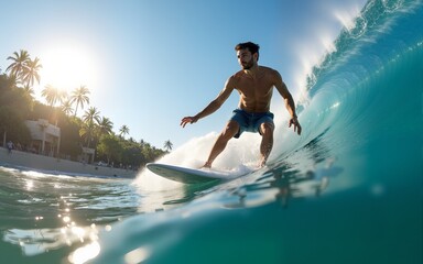 Young man surfer surfing tropical ocean wave riding barrel tube. High quality