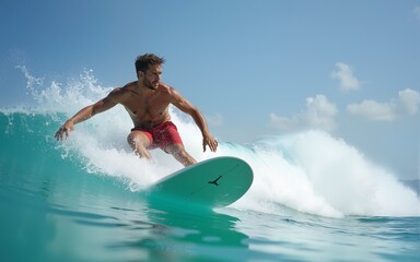 Young caucasian man surfs the ocean wave and makes a lot of splashes into the camera. Chickens surf spot in Maldives. High quality