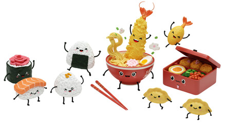 Obraz premium Playful 3D Render of Kawaii Japanese Food Characters Including Sushi Onigiri Ramen Bento Box and Gyoza on Transparent Background Featuring Vibrant Animated Food