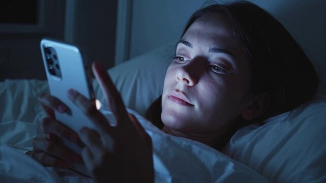 Young adult lies in bed at night, scrolling social media in darkness. Only the smartphone screen glows, casting soft blue light on their face. Calm, cinematic atmosphere