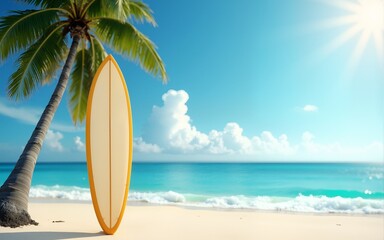 Surfboard and palm tree on beach background. High quality