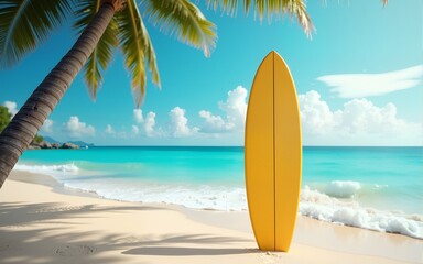 Surfboard and palm tree on beach background. High quality
