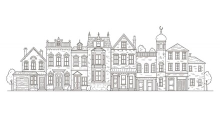 Row of line drawings buildings