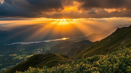 Golden sunset over mountain valley
