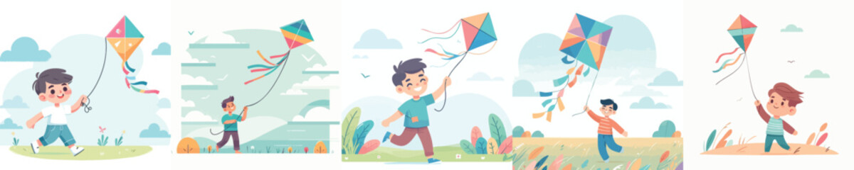 Kids Flying Kites Outdoors — Summer Activity, Happy Childhood, Outdoor Playtime, Flat Design Illustration