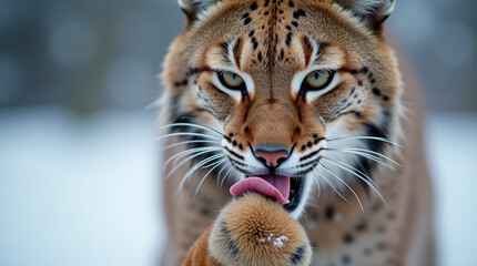 Obraz premium Intense Lynx Paw Lick Detail in Snowy Landscape