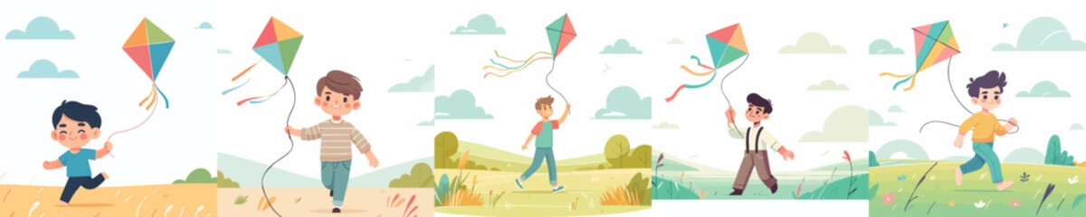 Children Flying Kites Outdoors — Fun Activity, Summer Playtime, Happy Childhood, Flat Design Illustration