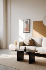 Fototapeta premium A modern, minimalist interior with a sofa and a black wood coffee table. A poster adorns the wall, and a round white lamp.