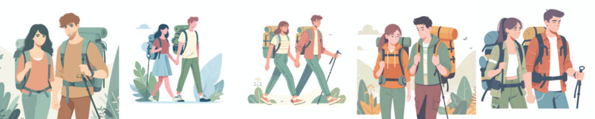 Vector Illustration of Couple Hiking — Outdoor Camping, Backpacking, Nature Adventure