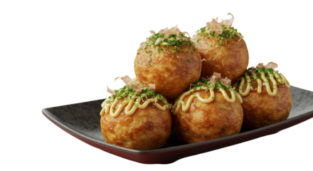 Stack of Golden Takoyaki with Creamy Mayonnaise and Bonito Flakes Topping in 3D Render Realistic Style on Transparent Background