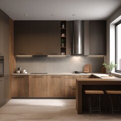 Modern kitchen interior with brown and wooden colors, front view of a minimalistic modern style interior design.