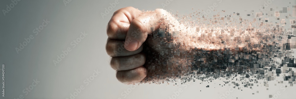 Poster Clenched Fist Transforming Into Pixels Against a Soft Gradient Background