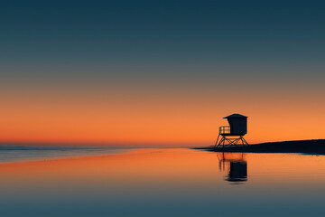 Minimal Silhouette of Lifeguard Tower at Sunset on Empty Beach with Reflection