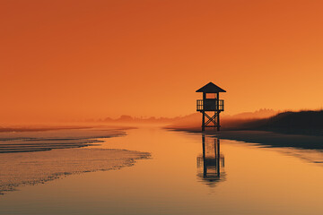 Minimal Silhouette of Lifeguard Tower at Sunset on Empty Beach with Reflection