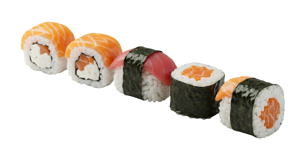 Variety Sushi Rolls and Nigiri on Transparent Background Featuring Salmon Tuna Nori Seaweed and Rice with Realistic Details Food Clipart Isolated on White