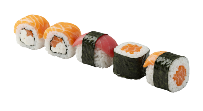 Variety Sushi Rolls and Nigiri on Transparent Background Featuring Salmon Tuna Nori Seaweed and Rice with Realistic Details Food Clipart Isolated on White