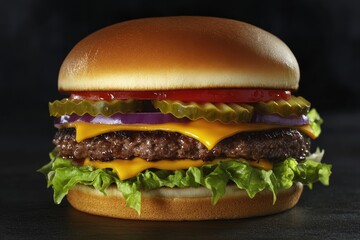 A double cheeseburger with lettuce, tomato, and onion on a golden bun against a black background.