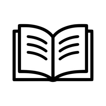 Black outline open book icon with pages and text lines
