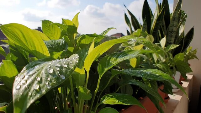  A cluster of variegated yellow-green leaves in a tropical garden, covered in refreshing dew