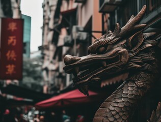 Intricate Dragon Statue in City Street