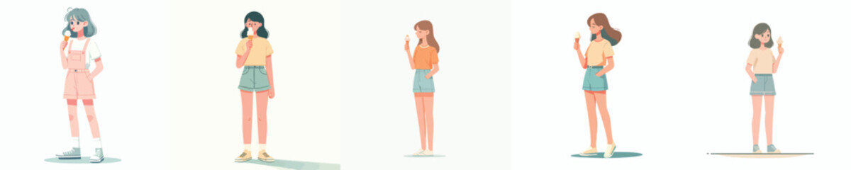 Set of Young Girls Enjoying Ice Cream – Flat Design Vector Illustration