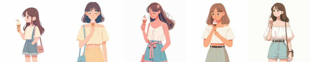 Collection of Cute Girls Enjoying Ice Cream – Flat Design Vector Illustration