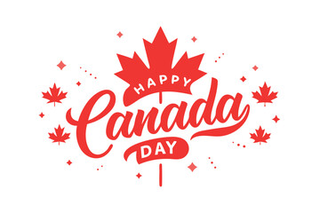 Happy Canada Day Celebration with Maple Leaves and Calligraphy on White Background